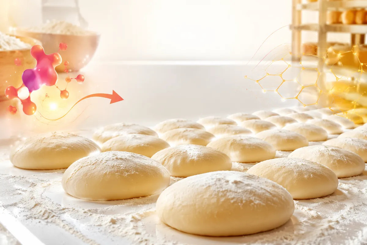 Rounded dough pieces resting on a floured production bench before proofing, the stage where glucose oxidase works on dough strength
