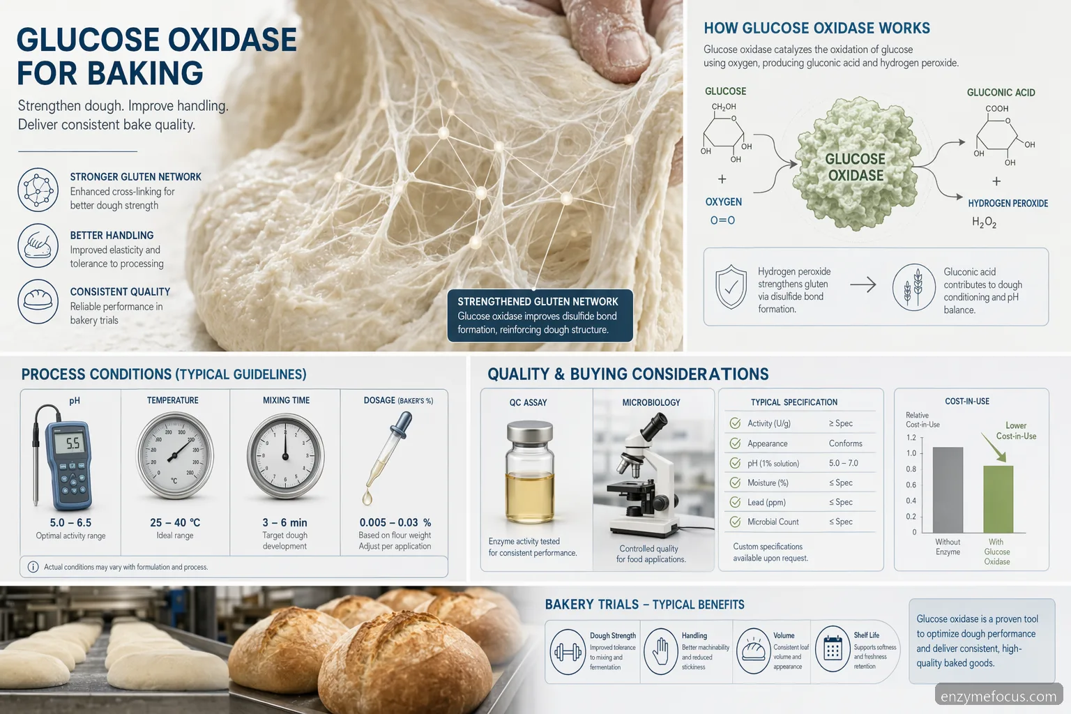 glucose oxidase baking process guide infographic showing dough strengthening, trial conditions, QC, and cost-in-use